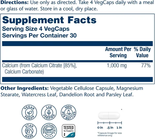 Miniatura 2 de Solaray Citrato de calcio de 1000 mg - Suplemento de calcio quelatado - Apoya la fuerza ósea y dientes saludables - Fácil de digerir - Garantía
