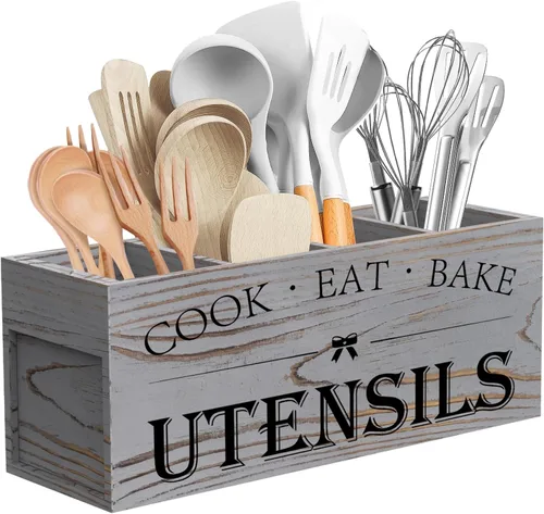 Miniatura 10 de Suli Soporte extra grande para utensilios de cocina con 4 compartimentos, organizador de utensilios de madera para encimera, decoración de cocina