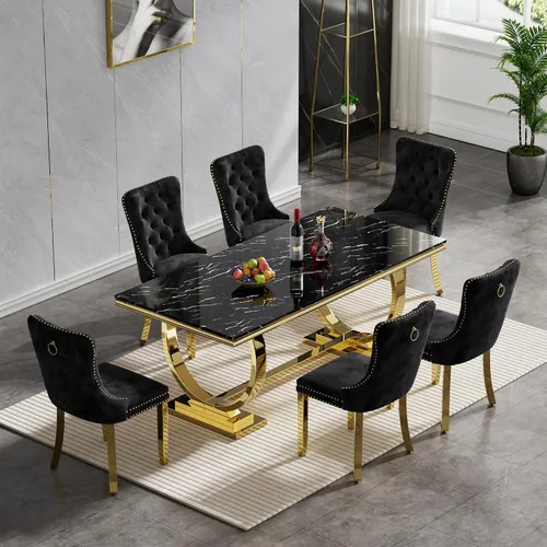 Miniatura 10 de Juego de mesa de comedor de mármol de 5 piezas para 4, mesa de cocina de lujo de 68 pulgadas de mármol negro dorado con 4 sillas tapizadas