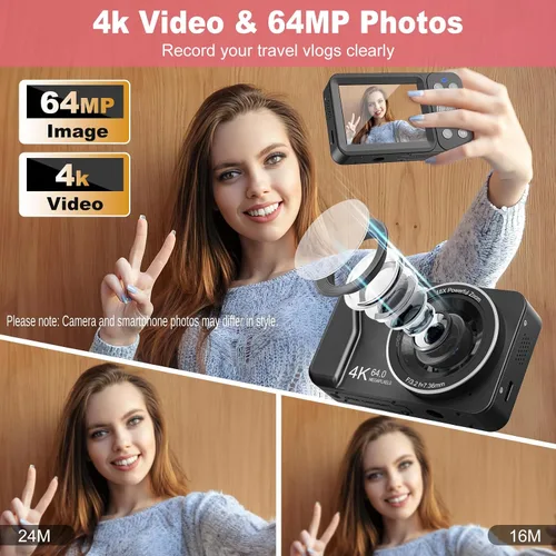 Miniatura 2 de Cámara digital, 4K 64MP, zoom 18X, cámara digital de apuntar y disparar con tarjeta TF de 64 GB y 2 baterías, cámara pequeña recargable portátil