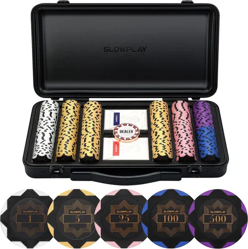 SLOWPLAY Nash 14g Juego de fichas de póquer de arcilla Edición Oro Negro – Juego completo de 300 piezas para Texas Hold’em | Fichas numeradas: 1, 5,