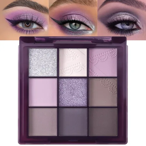 Miniatura 12 de Erinde Paleta de maquillaje de sombra de ojos de 9 colores con purpurina y lavanda brillante y mate, violeta, malva, púrpura oscura, plateado