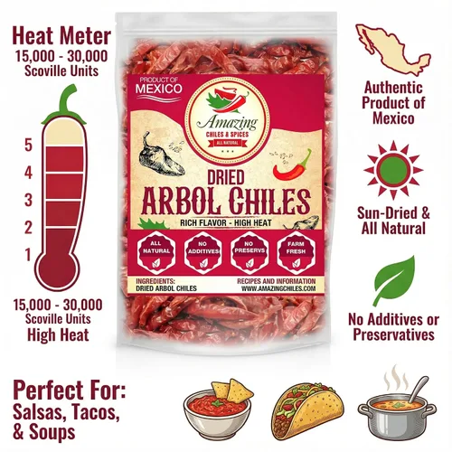 Miniatura 4 de Chile De Arbol 4oz - Chiles rojos enteros secos, premium totalmente naturales sin tallo, bolsa resellable. Usar en platos mexicanos, chinos