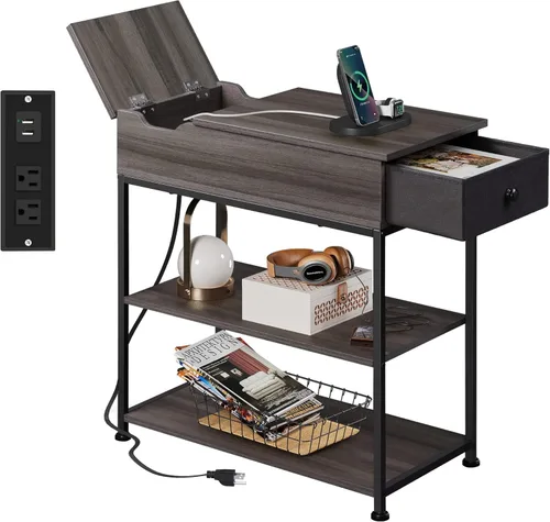 Miniatura 8 de WLIVE Mesa auxiliar estrecha con 2 puertos USB y 2 tomacorrientes, mesa auxiliar negra con cajón y estantes de almacenamiento, mesita de noche