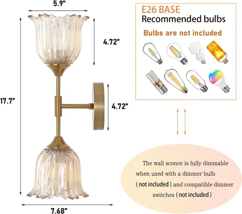 Miniatura 4 de BYOLIIMA Aplique de pared dorado de 2 luces con pantallas de vidrio ámbar, moderno de mediados de siglo, accesorios de luz de pared para tocador