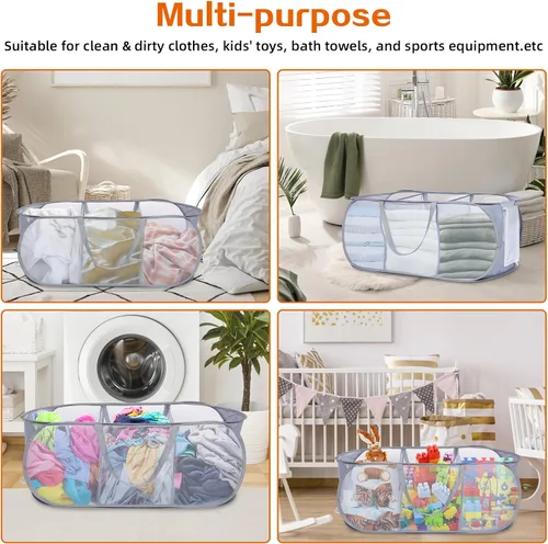 Miniatura 7 de Cesta de lavandería plegable y duradera que se despliega, resistente con 3 compartimentos, bolsillo práctico y cestas de ropa fáciles para Gris