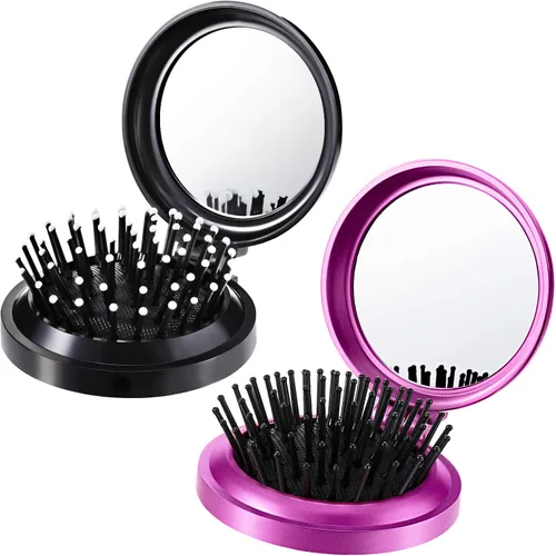 Miniatura 11 de Boao Paquete de 2 Cepillos de Cabello con Espejo de Viaje Plegables Redondos Portátiles Plegables de Bolsillo Mini Peine Compacto de Tamaño de Viaje