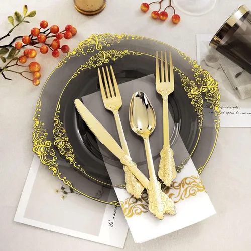 Miniatura 5 de Nervure 175 platos de plástico negro transparente, juego de vajilla de plástico dorado para 25 invitados, incluye 50 platos desechables, 75