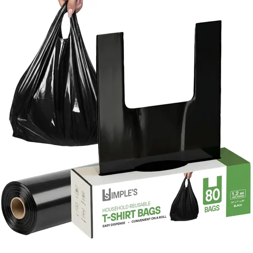 Simple's Bolsas de plástico negras para camisetas con asas, 80 unidades, 12 x 7 x 22 pulgadas, 1.2 mil, comestibles y venta al por menor