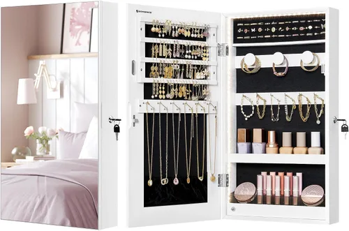 Miniatura 8 de SONGMICS Armario de joyería con espejo con luces LED integradas, organizador de almacenamiento de joyas montado en la pared o en la puerta, 3.8 x