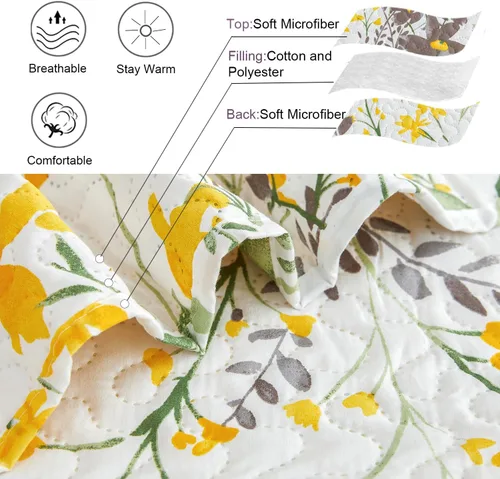 Miniatura 3 de Ycosy Juegos de Edredón Floral Tamaño Twin Reversible Colchas Cubrecamas de Campo Ligeras Edredón de Flores Amarillas Ropa de Cama Hojas Verdes