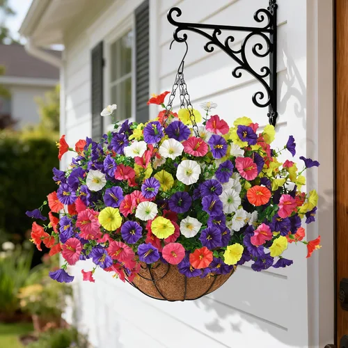 Homsunny Plantas artificiales colgantes con cesta para exteriores, petunias falsas, de seda, para exteriores, porche, patio, balcón, jardín,