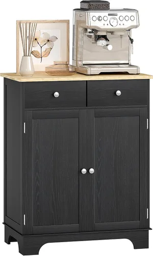 HOMCOM Aparador con encimera de madera maciza, gabinete de almacenamiento de cocina moderno, gabinete de barra de café con 2 cajones, puertas y
