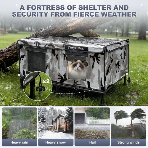Miniatura 3 de Casa para gatos al aire libre – Refugio resistente a la intemperie para gatos con 2 puertas y cubierta para lluvia, casa impermeable para gatos
