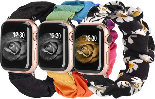 Miniatura 11 de TOYOUTHS - 3 paquetes compatibles con Apple Watch Band Scrunchies 1.496 in (38 mm) tela suave patrón impreso pulsera de tela para mujer iWatch