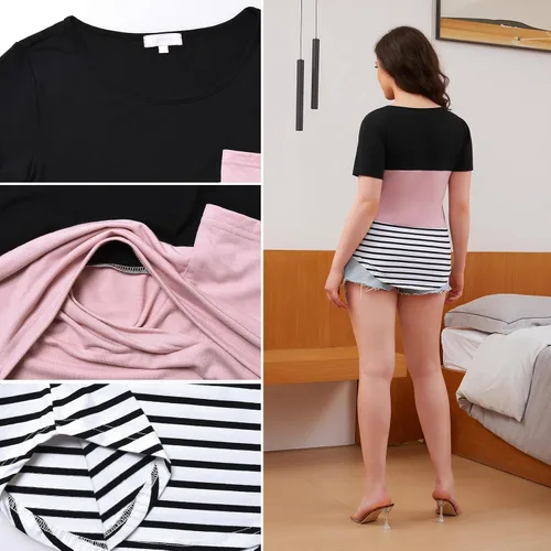 Miniatura 57 de Bhome Camiseta de lactancia con bloque de color de manga corta para lactancia materna camisa de embarazo con bolsillo