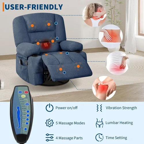 Miniatura 6 de Silla reclinable ancha de gran tamaño, masaje de calor y vibración, silla mecedora giratoria de 360° para adultos, silla reclinable manual de tela