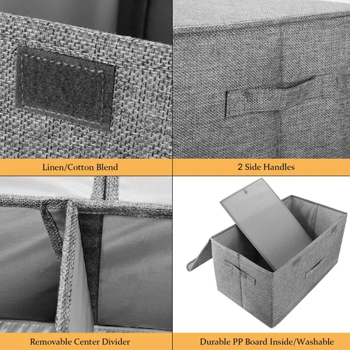 Miniatura 2 de Paquete de 2 cajas de almacenamiento con tapas y asas, contenedores plegables de lino organizadores con divisor extraíble para el hogar, dormitorio