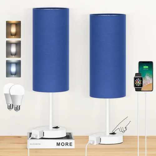 Miniatura 12 de ZJOJO Juego de 2 lámparas de mesa para dormitorio, lámparas pequeñas de noche con interruptor basculante regulable de 3 vías y toma de corriente