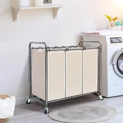 Miniatura 7 de STO STO Organizador de ropa sucia de 3 secciones, cesta de ropa con 3 bolsas, cesta de lavandería con ruedas resistentes y bolsa extraíble para Beige