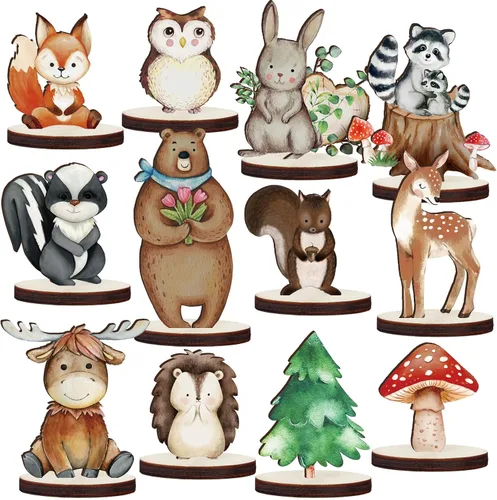 Geetery 12 piezas de animales del bosque, formas de animales de madera recortadas, decoración pintada del bosque para baby shower, criaturas