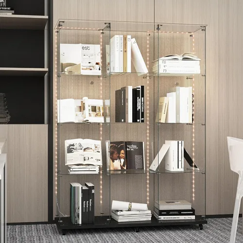 Miniatura 28 de Vitrina de cristal con 3 estantes con 2 puertas, vitrina de cristal transparente para sala de estar, dormitorio, 49.49 x 31.77 x 14.37 pulgadas