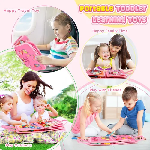Miniatura 7 de URMYWO Tablero de actividades Montessori para niños de 1, 2, 3, 4 años, libro ocupado para actividades para niños con habilidades motoras finas, Rosa