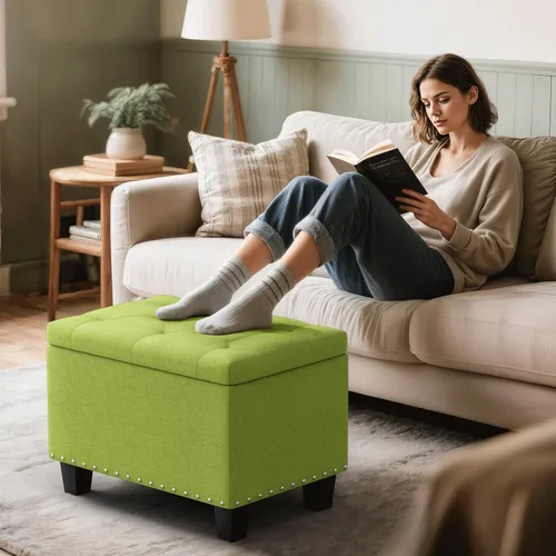 Miniatura 2 de MoNiBloom Banco otomano de 24 pulgadas con almacenamiento para dormitorio, banco contemporáneo de lino verde copetudo, reposapiés, taburete otomano