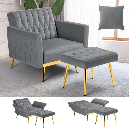 Miniatura 17 de Silla de terciopelo Accent con apoyabrazos y respaldo ajustables, sillón de ocio con botones acolchados, sillón reclinable individual con otomano