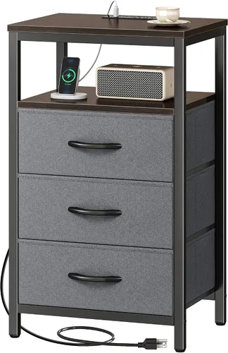 Miniatura 11 de Huuger Cómoda blanca con 5 cajones y estación de carga, cómoda alta para dormitorio, mesita de noche alta con acabado de piel sintética, estante