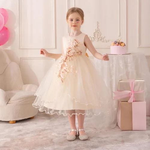 Miniatura 4 de Vestido formal para niña de flores, vestido formal para fiesta de cumpleaños, boda, bordado floral, vestidos de satén de tul para niños de 2 a 12