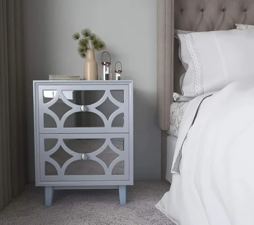 Miniatura 8 de COZAYH Moderna mesita de noche de 2 cajones con parte delantera espejada, elegante mesita de noche con patrón geométrico para dormitorio, gris claro