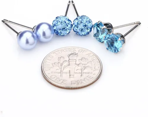 Miniatura 20 de JewelrieShop - Juego de aretes de tuerca de acero inoxidable con circonitas cúbicas y perlas de imitación, 3 pares de 0.236 in