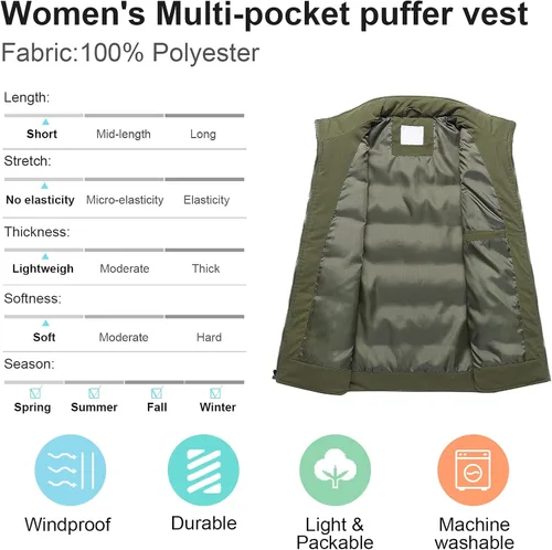Miniatura 3 de Chrisuno Chaleco acolchado para mujer, estilo casual, con cuello alto, chaleco acolchado para esquí al aire libre