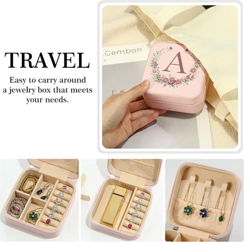 Miniatura 6 de Parima Regalo para mujeres Idea de regalo para adolescentes adolescentes Joyero de viaje con inicial rosa Joyero pequeño para mujeres y niñas