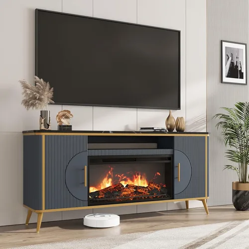 Miniatura 10 de Soporte de TV con chimenea acanalada de hasta 80 pulgadas, moderno centro de entretenimiento con chimenea eléctrica de 30 pulgadas, consola