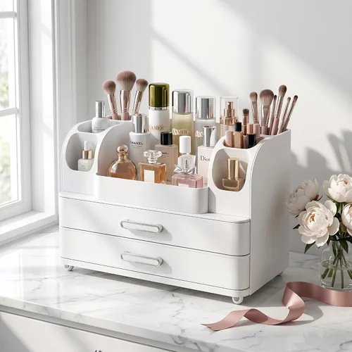 Miniatura 3 de Organizador de maquillaje con 2 cajones, vitrina de cosméticos, soporte de almacenamiento para tocador, mostrador de baño, escritorio, suministros