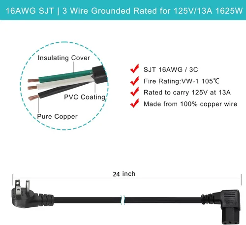Miniatura 3 de Cable de alimentación de 90 grados, IEC de ángulo recto de 2 pies, fuente de alimentación universal para PC, 16 AWG, NEMA 5-15P negro tipo ángulo a