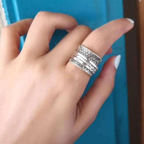 Miniatura 2 de Boho-Magic Anillo giratorio de plata de ley 925 para mujer flor de la vida Fidget anillos banda