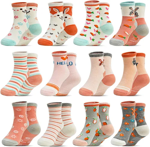 Miniatura 13 de SkiBeaut Calcetines para bebés y niñas, 12 pares de calcetines antideslizantes para niños pequeños con agarre para niñas de 0 a 7 años