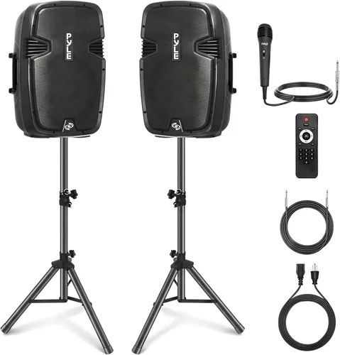 Kit de sistema PA portátil e inalámbrico Pyle - 1800W de pico, compatible con Bluetooth, par activo + pasivo para sonido en interiores / exteriores,