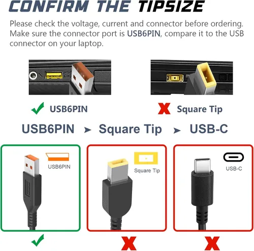 Miniatura 2 de Fancy Buying Cable USB de 65 W, 40 W, 6 pines (no punta cuadrada, no USB tipo C) Adaptador de cargador para Lenovo Yoga 3 Pro-1370 Yoga 3-1170 Yoga