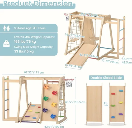 Miniatura 7 de OLAKIDS Gimnasio de la selva para interiores, juguetes Montessori de madera para escalada para bebés 9 en 1 con rampa ajustable de 2 columpios, red