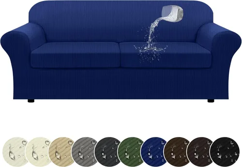 Miniatura 18 de Funda impermeable para silla con brazos, juego de 2 piezas, funda a rayas para 1 sofá separado con cojín en T, fundas de sillón de tela