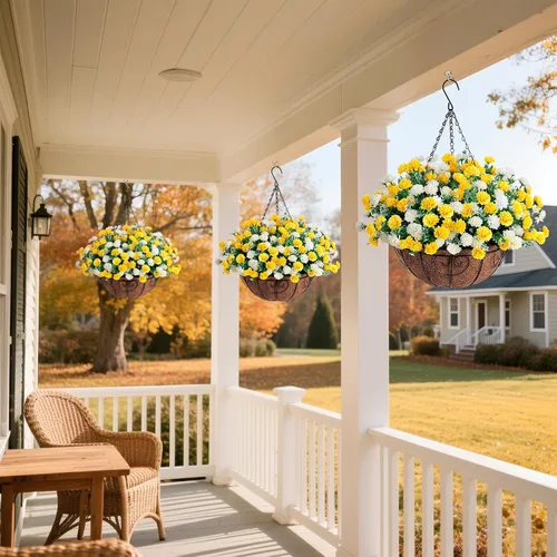 Miniatura 8 de Cesta de flores artificiales colgantes para decoración de primavera al aire libre, flores falsas de seda resistentes a los rayos UV, margaritas