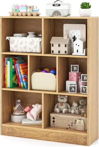 HONEY JOY Organizador de almacenamiento de juguetes para niños, gabinete de almacenamiento de madera de 7 secciones, baúl de juguetes de guardería