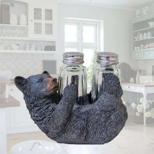 Miniatura 7 de Juego de saleros y pimenteros rústicos de oso negro en la parte posterior, accesorio decorativo de resina y vidrio para mesa de cocina, decoración