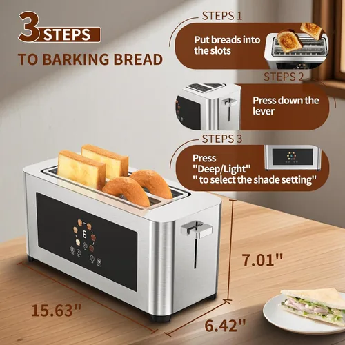 Miniatura 7 de Tostadora Inteligente con Pantalla Táctil de 4 Rebanadas, Pantalla LCD, Tostadora de Ranura Larga de 1.6", con 6 Configuraciones de Tostado