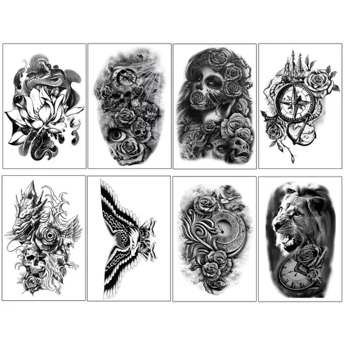 Miniatura 5 de Yazhiji 32 hojas de pegatinas de tatuajes temporales, 8 hojas de tatuajes falsos corporales para brazo, pecho y hombro para hombres y mujeres con 24