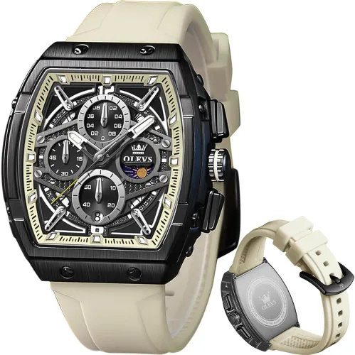 Miniatura 13 de OLEVS Men Watches Business Dress Chronograph Big Square Quartz Analog Male Watch Silicone Strap Waterproof Date Gift Mens Wrsit Watch Silver